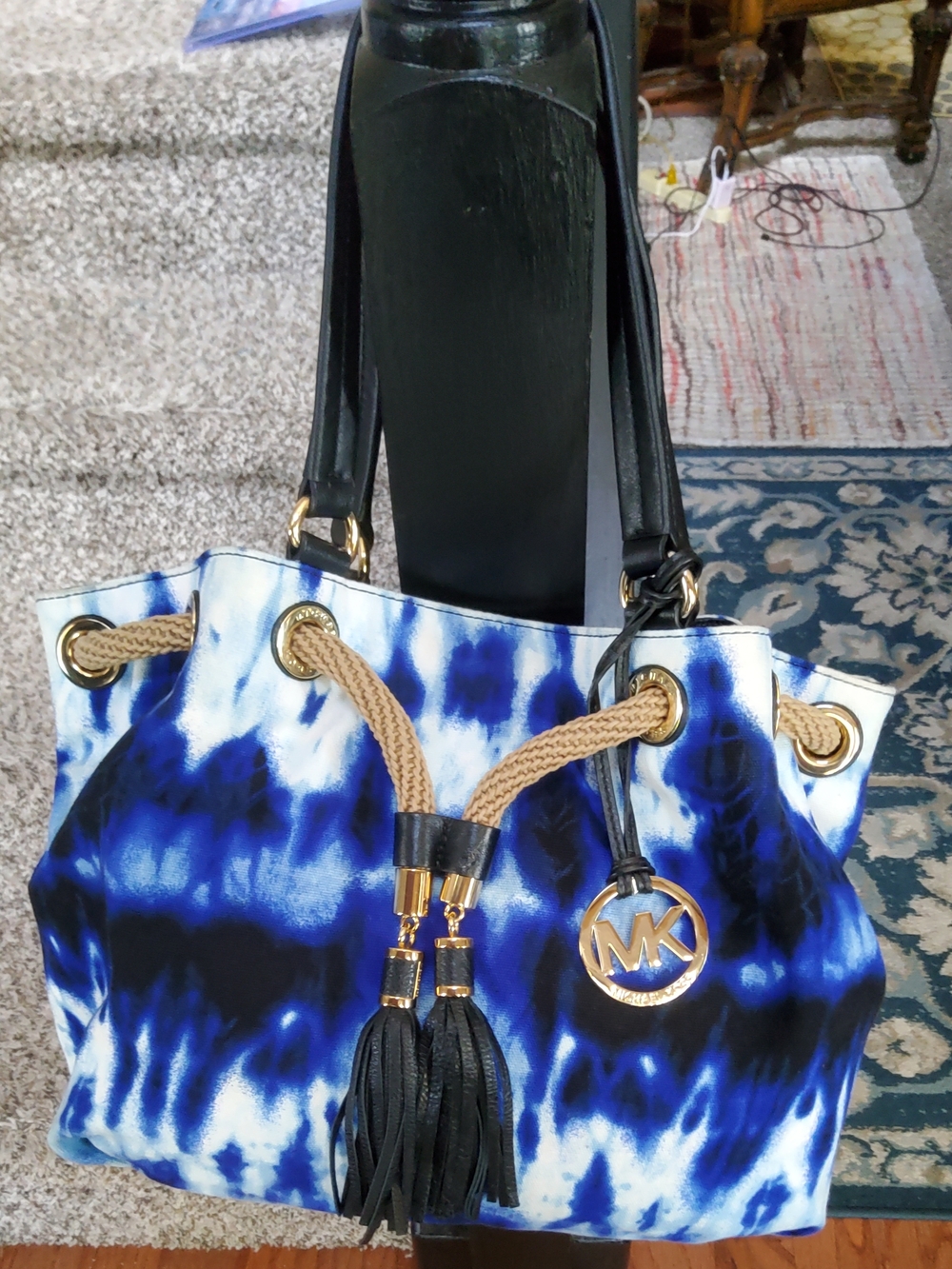 Michael Kors Blue and White Tie-Dye Drawstring Tote with Gold Accents